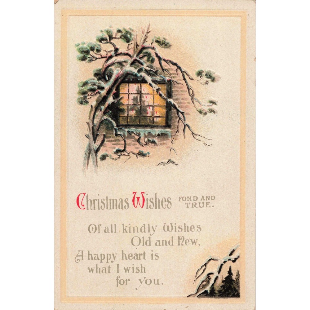Vtg Christmas Wishes Postcard Embossed Snowy Window Pine Tree International Art - Picture 1 of 2